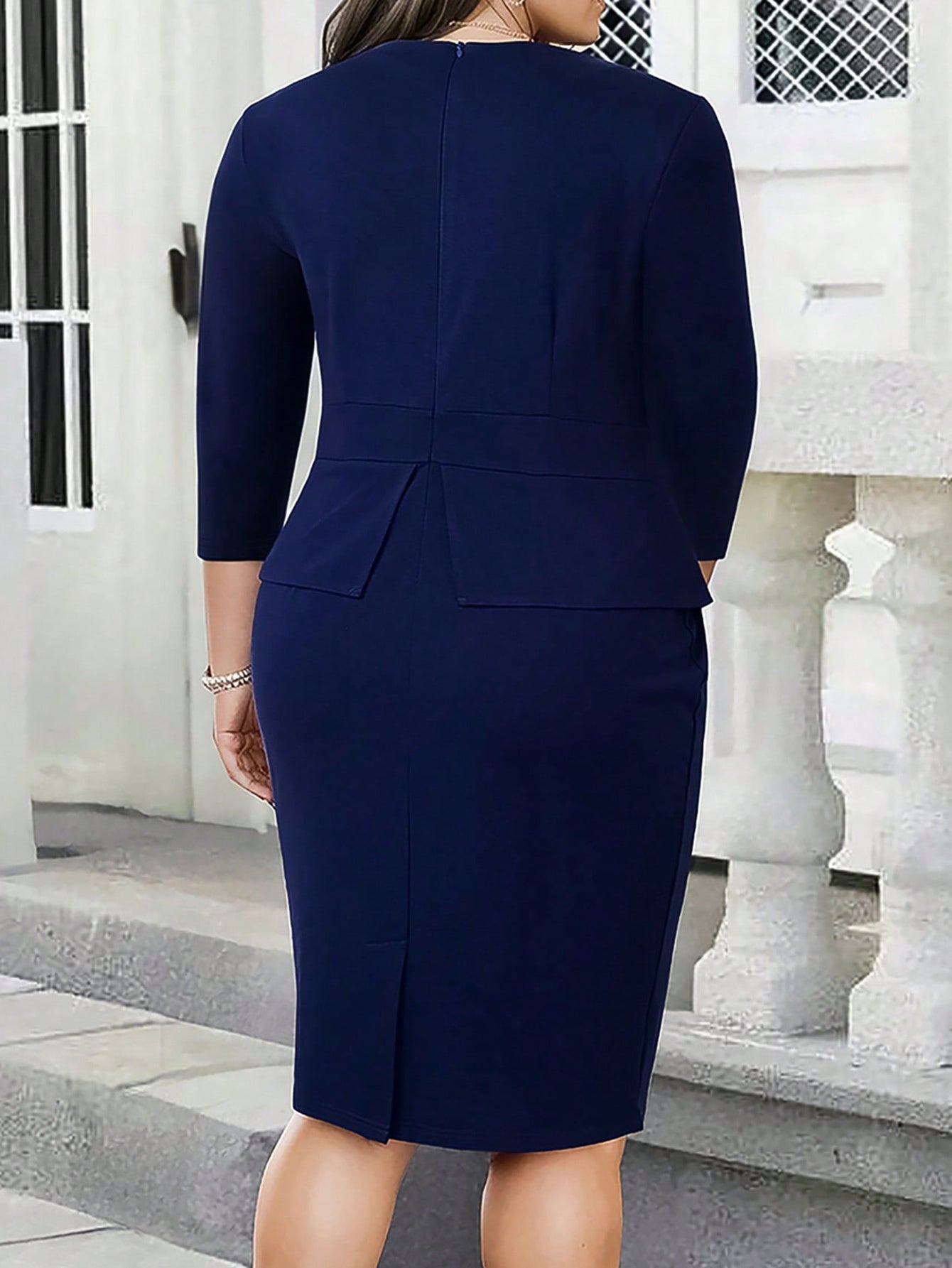 Plus Size Women's Solid Chic Elegant Fashion False Two-Piece Career Bodycon Dress 3