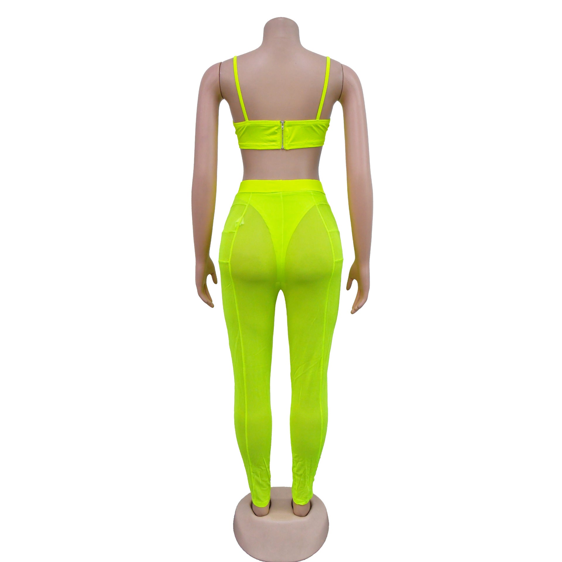 Women sexy bra strap zipper mesh See-Through trousers two-piece set 23