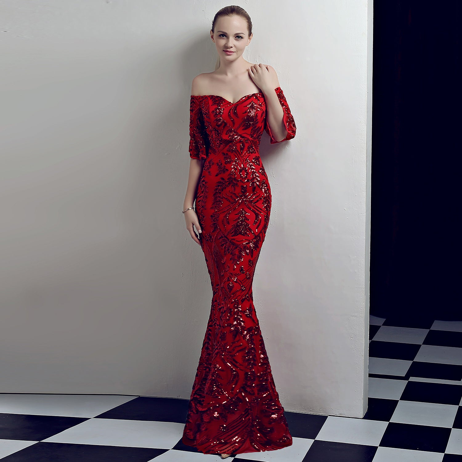 Women Elegant Off Shoulder Half Sleeve Sequins Party Evening Dress 8