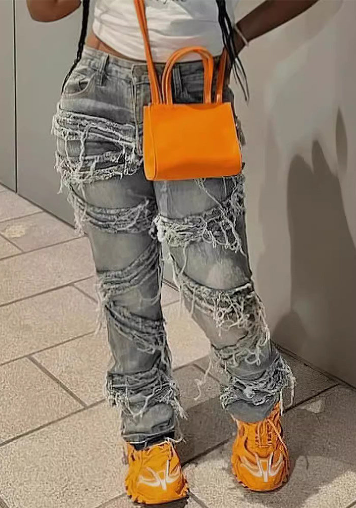 Summer Denim Ripped Straight Tassel Fashion Casual Denim Pants