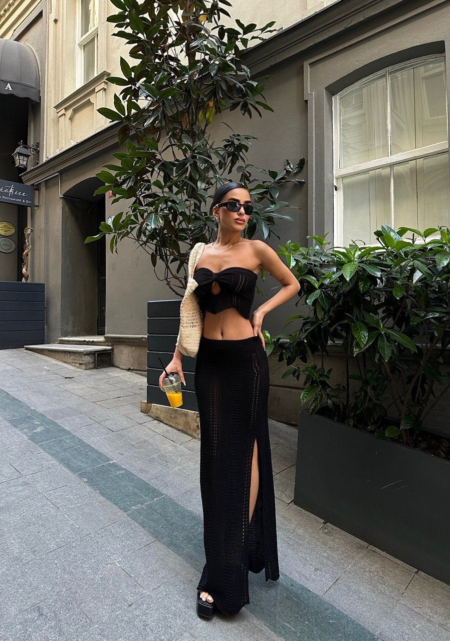 Women's Knitting Strapless crop top long Skirt two piece Set 10