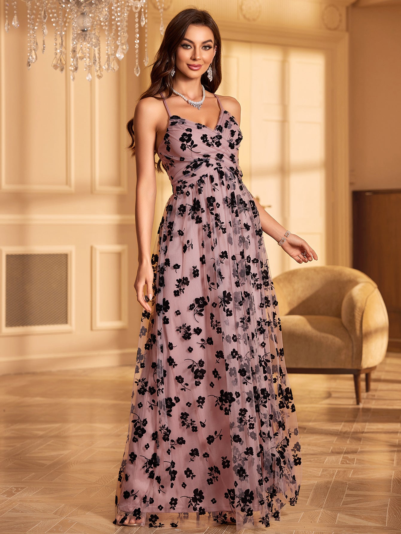 Women Elegant Summer Floral Mesh Slit Suspender Maxi Dress 6