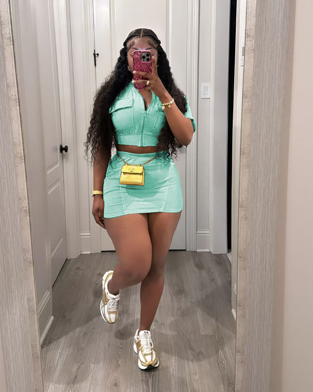 Women casual washed patchwork pocket top and skirt two-piece set