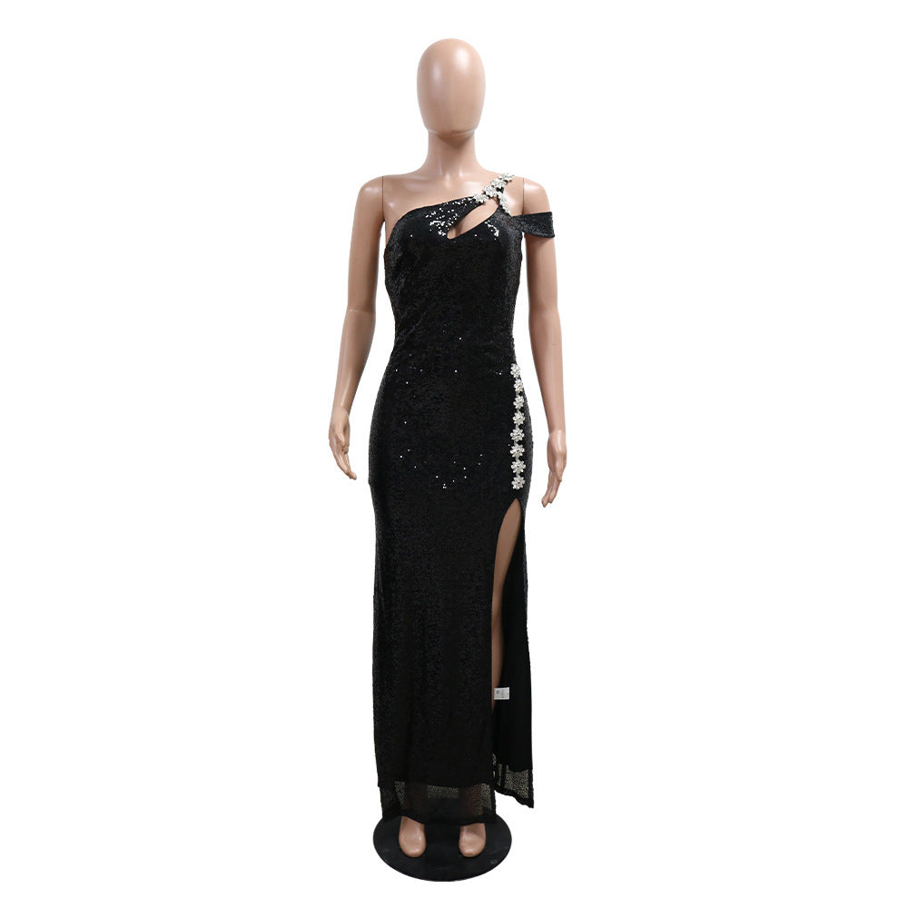 Women Sleeveless Hollow Sequin Nightclub Sexy Slit Long Evening Dress 5