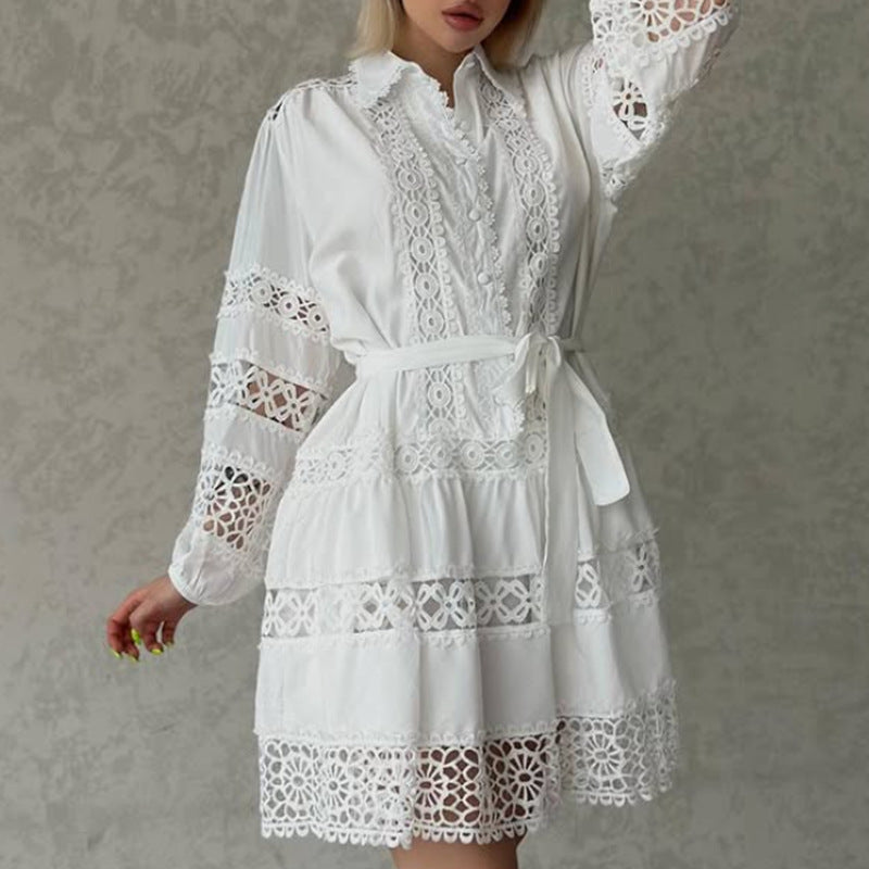 Women's Summer Chic Long Sleeve Hollow Belt Slim Waist Short Dress 8