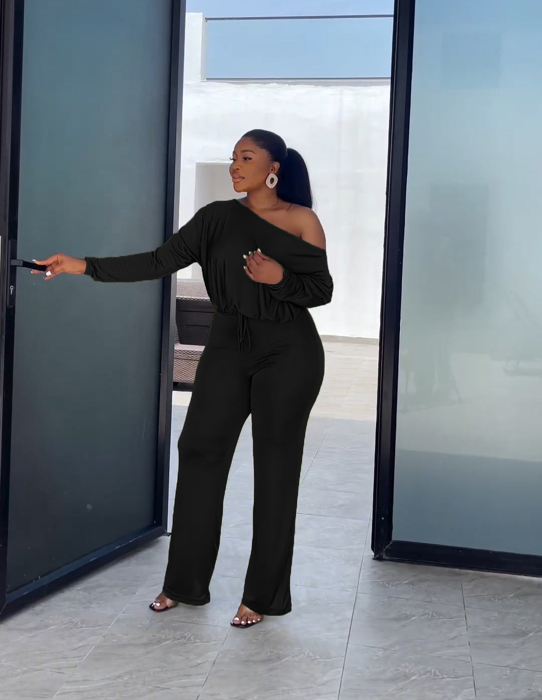 Women's Fashion Casual Solid Bat Sleeves Drawstring Jumpsuit 3