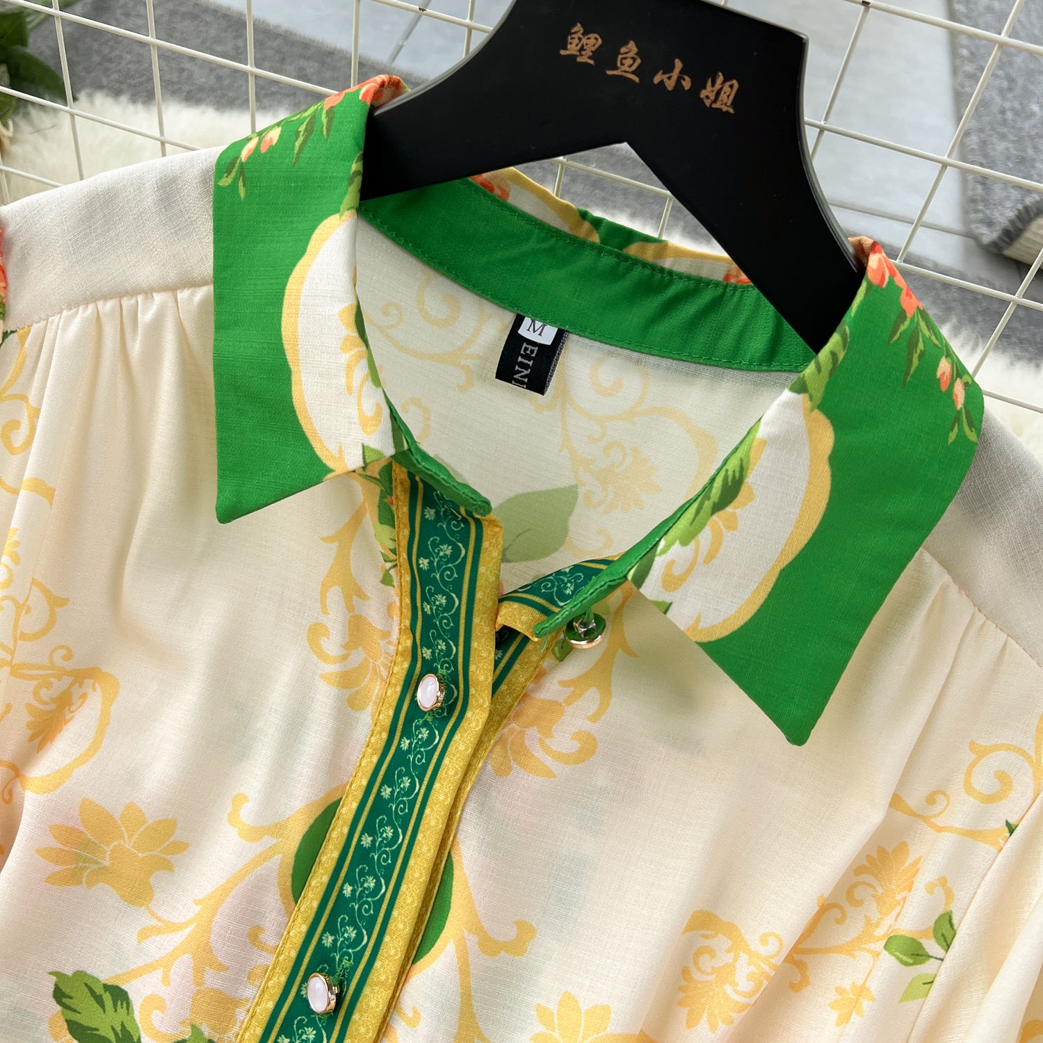 Women French retro print color matching shirt dress 15