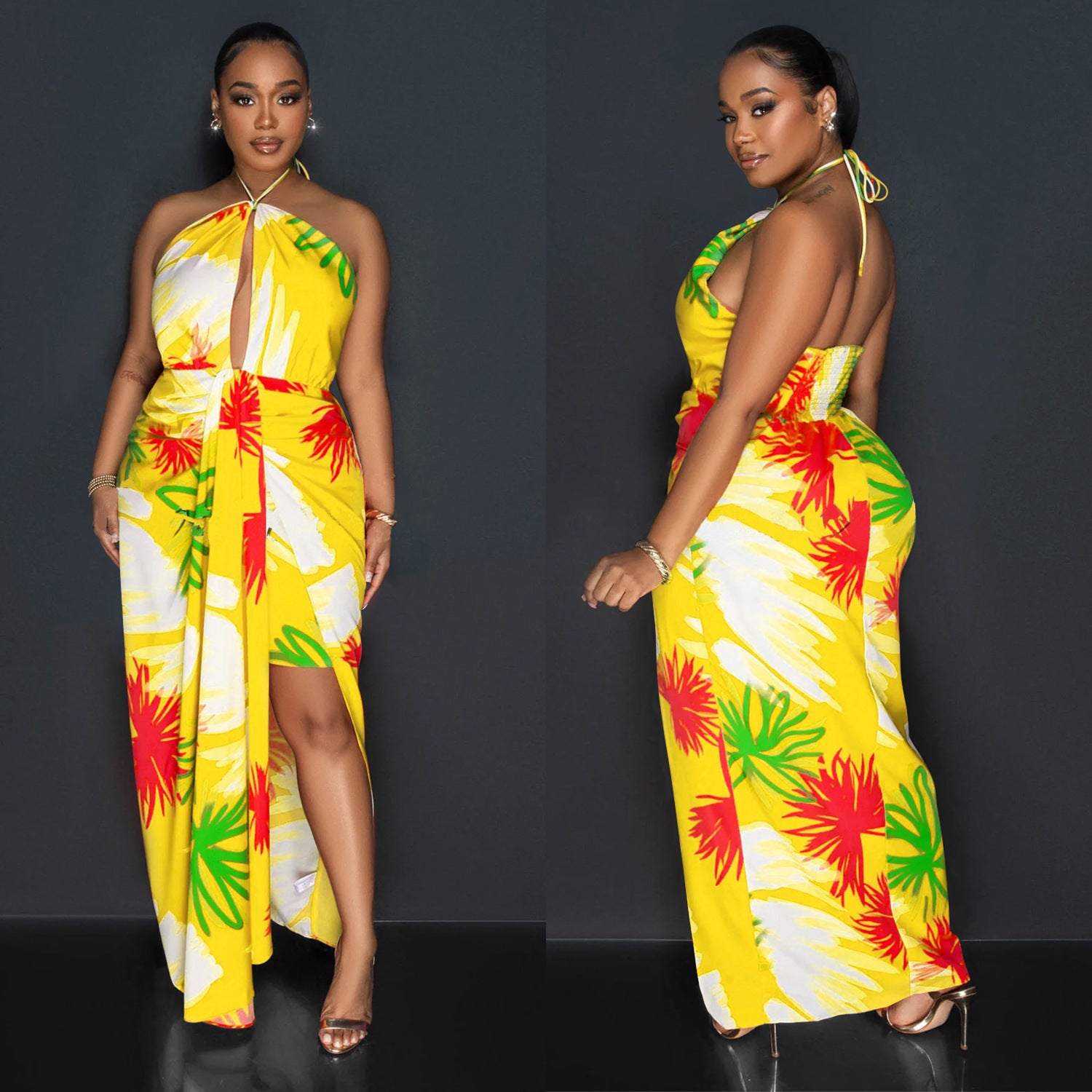 Women Backless Lace-up Print Dress