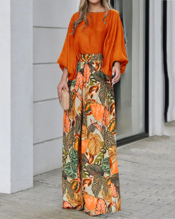 Summer women's suit lantern sleeves loose top printed wide-leg pants two-piece set 5