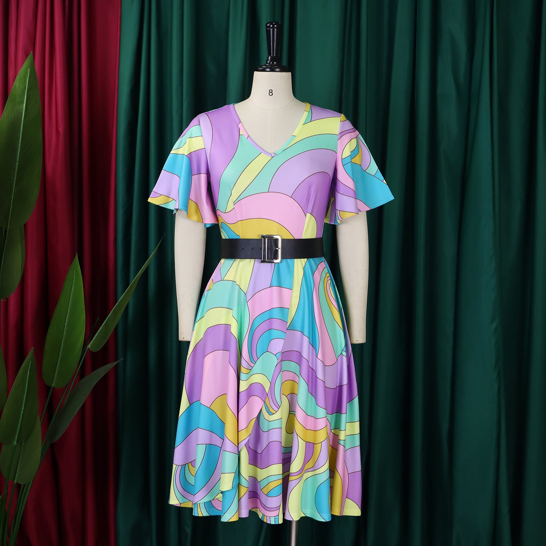 Summer Fashion Chic Women's Belt Print African Plus Size Midi Dress 33