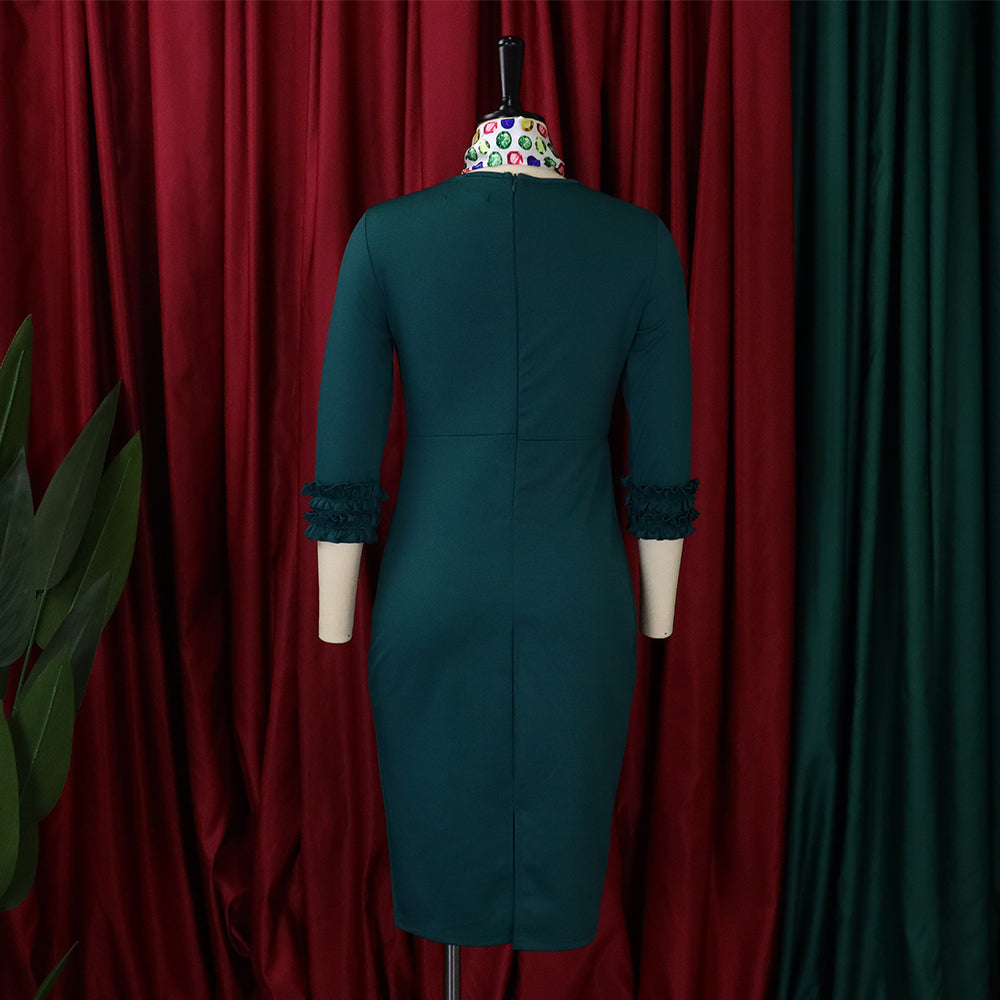 Women Fall Long Sleeve Solid Color Slit Scarf Bodycon Dress 14