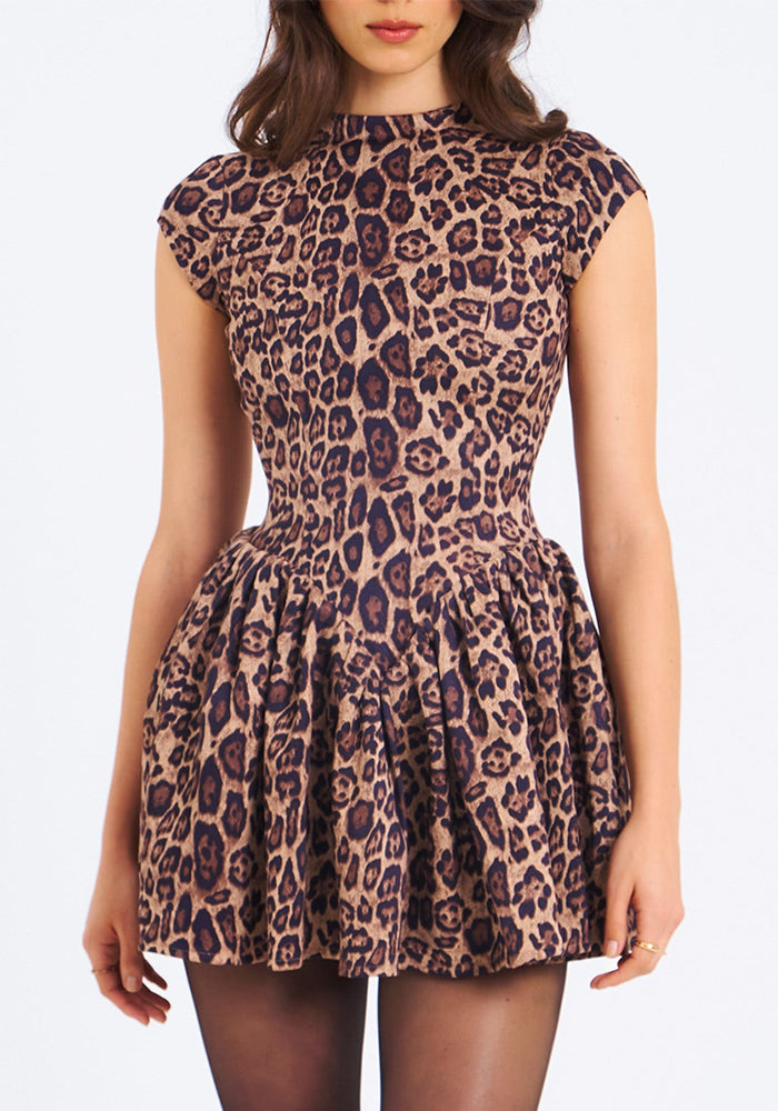 Women's Spring Leopard Print Round Neck Pleated Slim Sexy Low-Back Dress