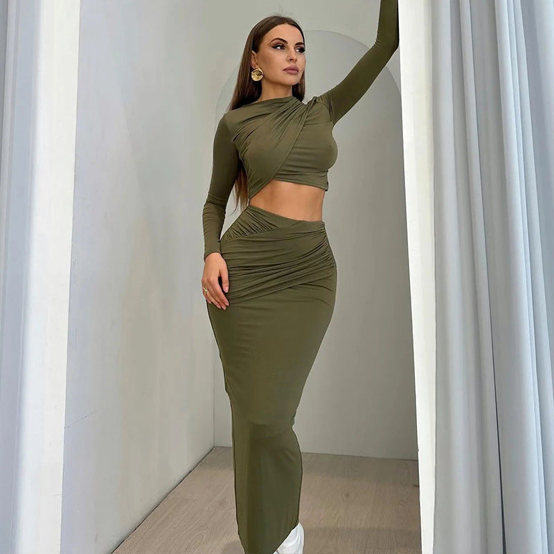 Solid Color Round Neck Irregular Long Sleeve Crop Top Slim Long Skirt Two Piece Set