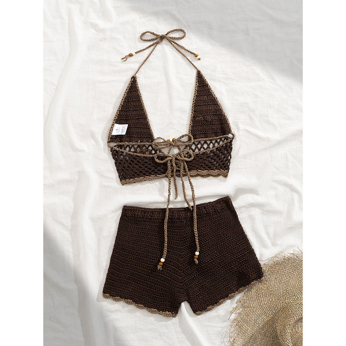 Crochet Two-Piece Halter Neck Shorts Set Low Back Sexy Outfit 3