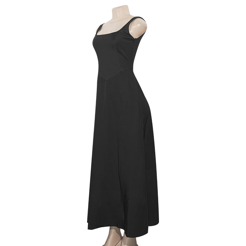 Spring Summer Square Neck Sleeveless Slim Waist Strap Dress 28