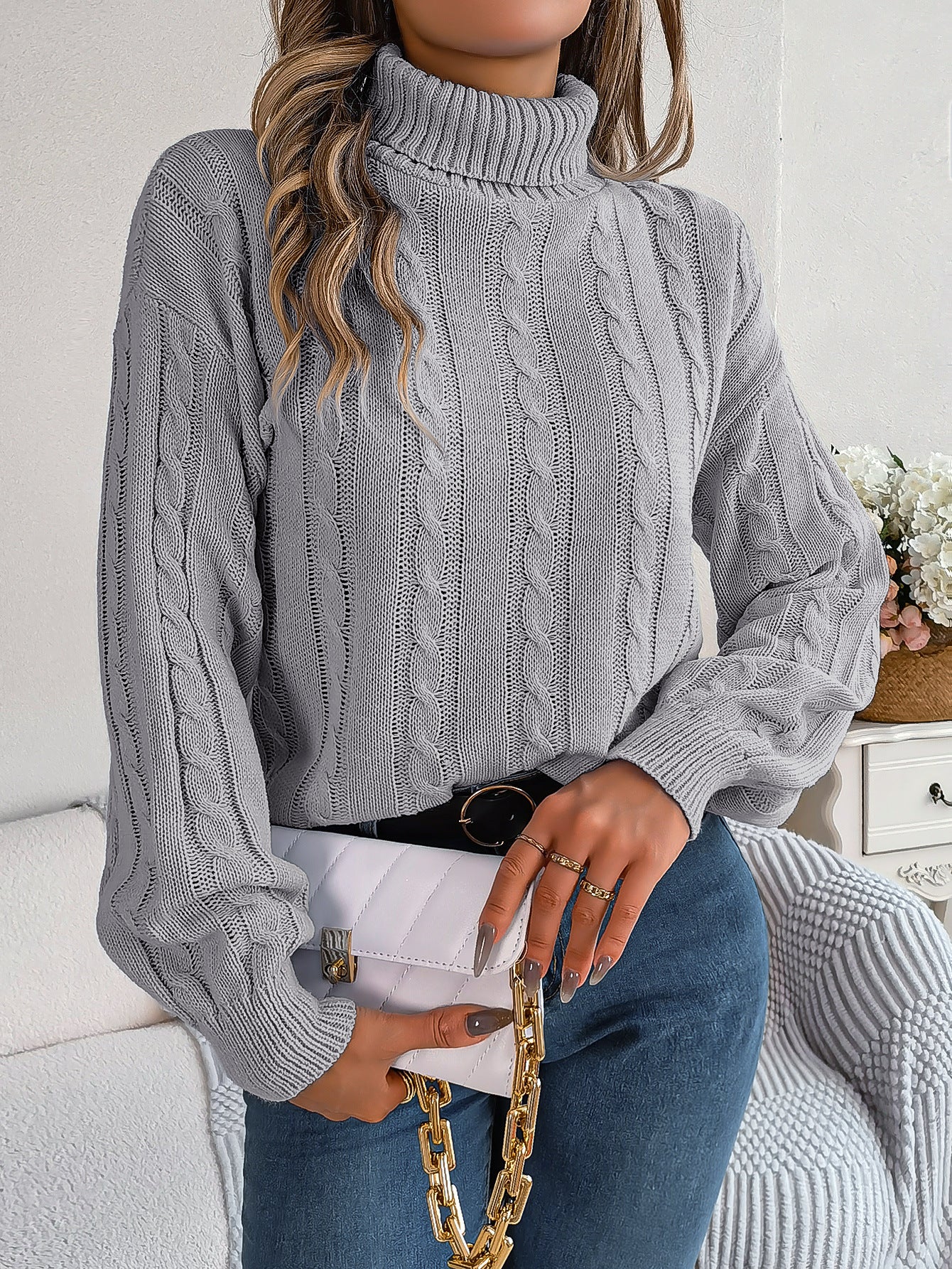 Women Fall/Winter Casual Solid Long Sleeve Turtleneck Sweater 8