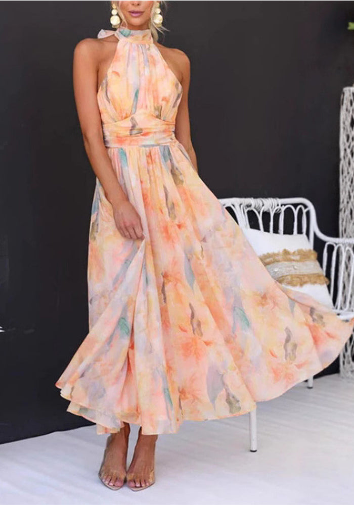 Women Summer Holiday Sleeveless Printed Backless Dress