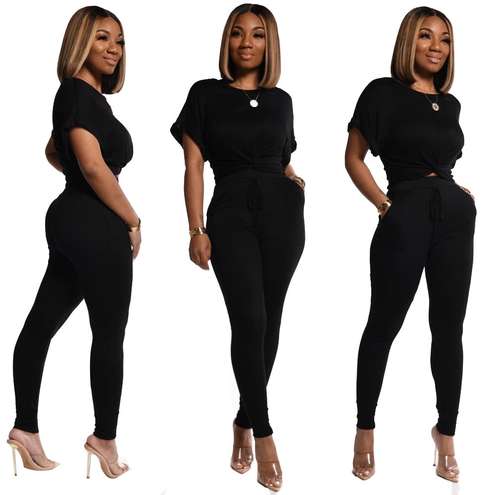 Solid Color Short-Sleeved Sports Casual Women's Two Piece Pants Set 8