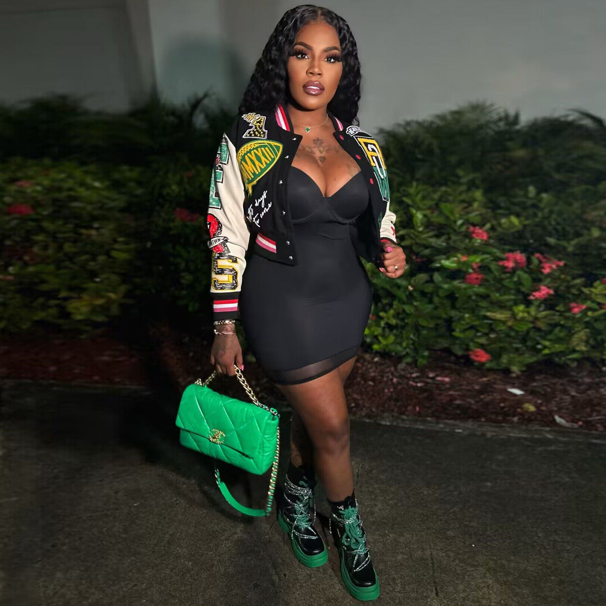 Women Ribbed Print Baseball Jacket