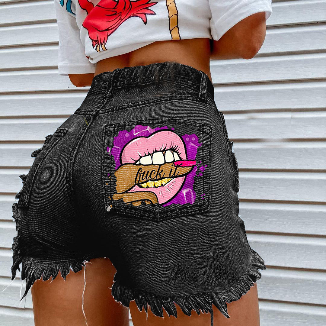 Women's Print Fashion Ripped Denim Shorts