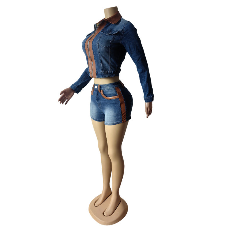 Color Block Patchwork Long Sleeve Stretch Denim Shorts Set 6