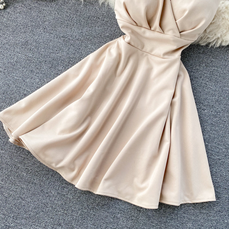 Spring Feminine V-Neck Low Back Slim Waist High Waist Slim Fit Solid Color Straps Basic A-Line Dress 22
