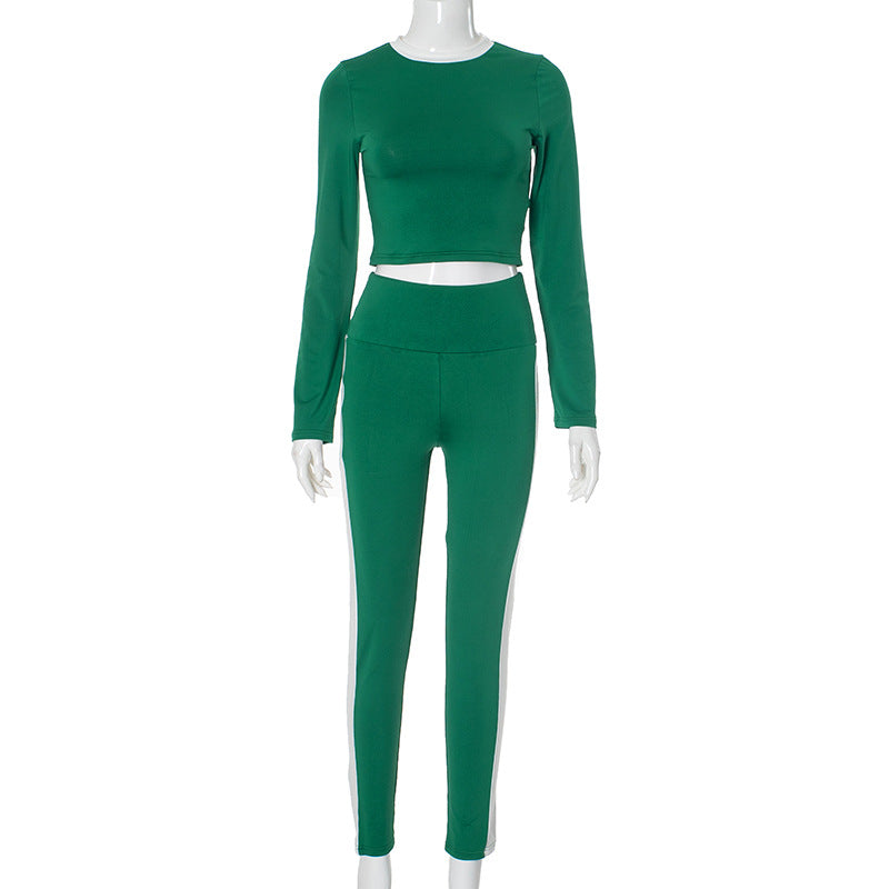 Women contrast long sleeve Crop Top and trousers Casual two-piece set 10