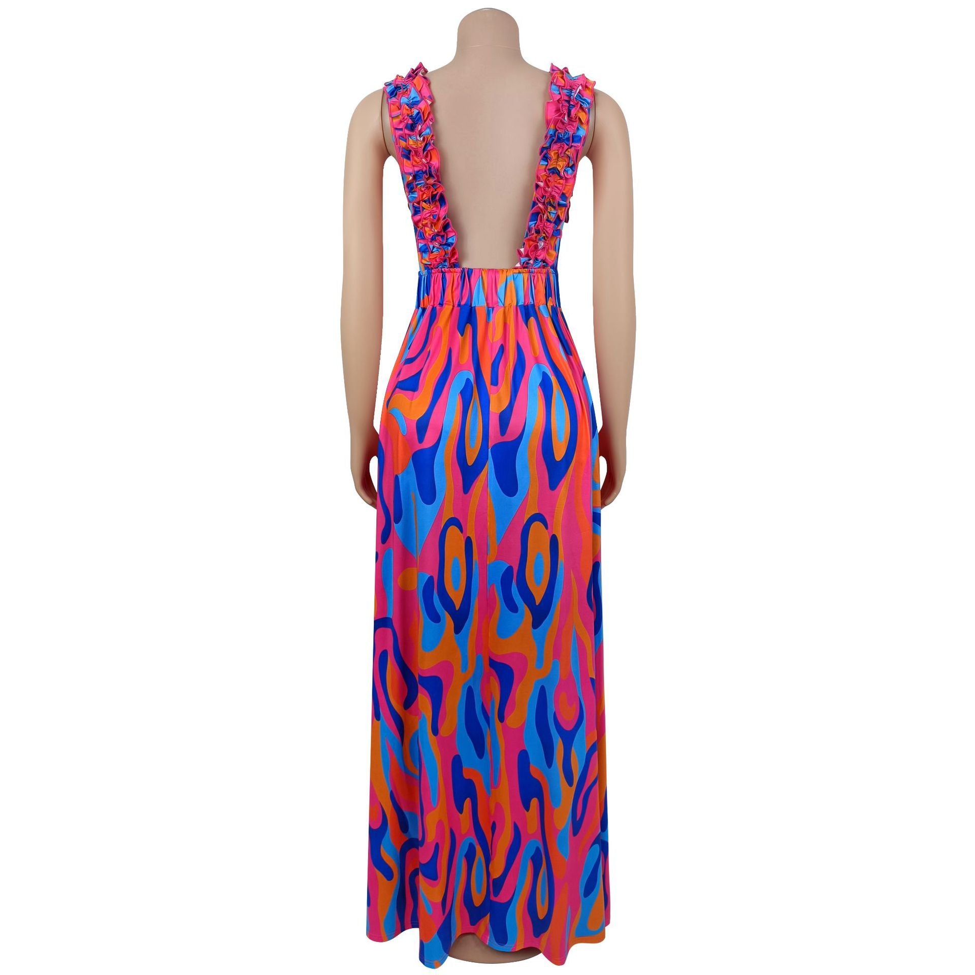 Women elegant ruffled shoulder strap printed dress 7