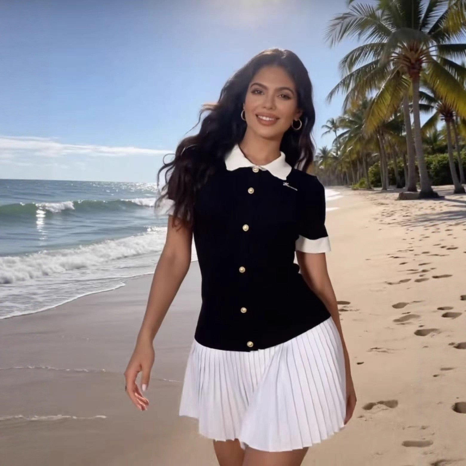 Women Contrast Color Turndown Collar Knitting Short-Sleeved Pleated Dress 9