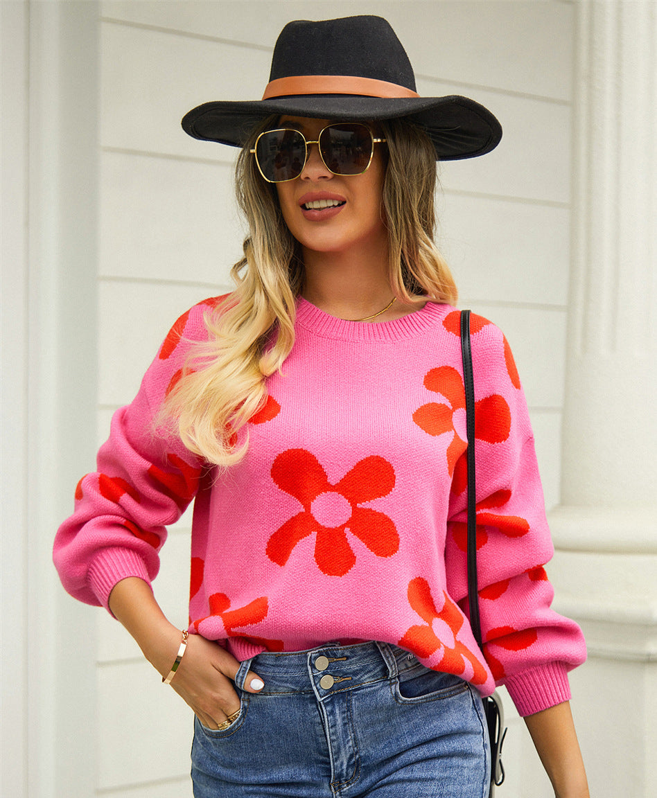 Autumn and winter women's printed sweater pullover flower plus size sweater 34