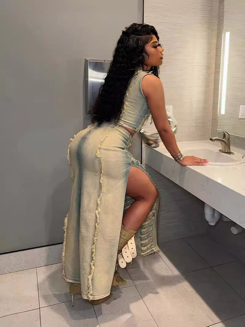 Women's Fashion Trend Worn Hollow Sexy Vest High Slit Denim Skirt Two-Piece Set