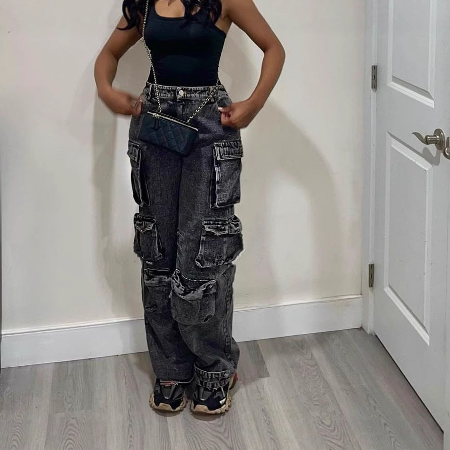 Women's Fashion Loose Straight Leg Washed Multi-Pocket Fashion Street Denim Pants 3