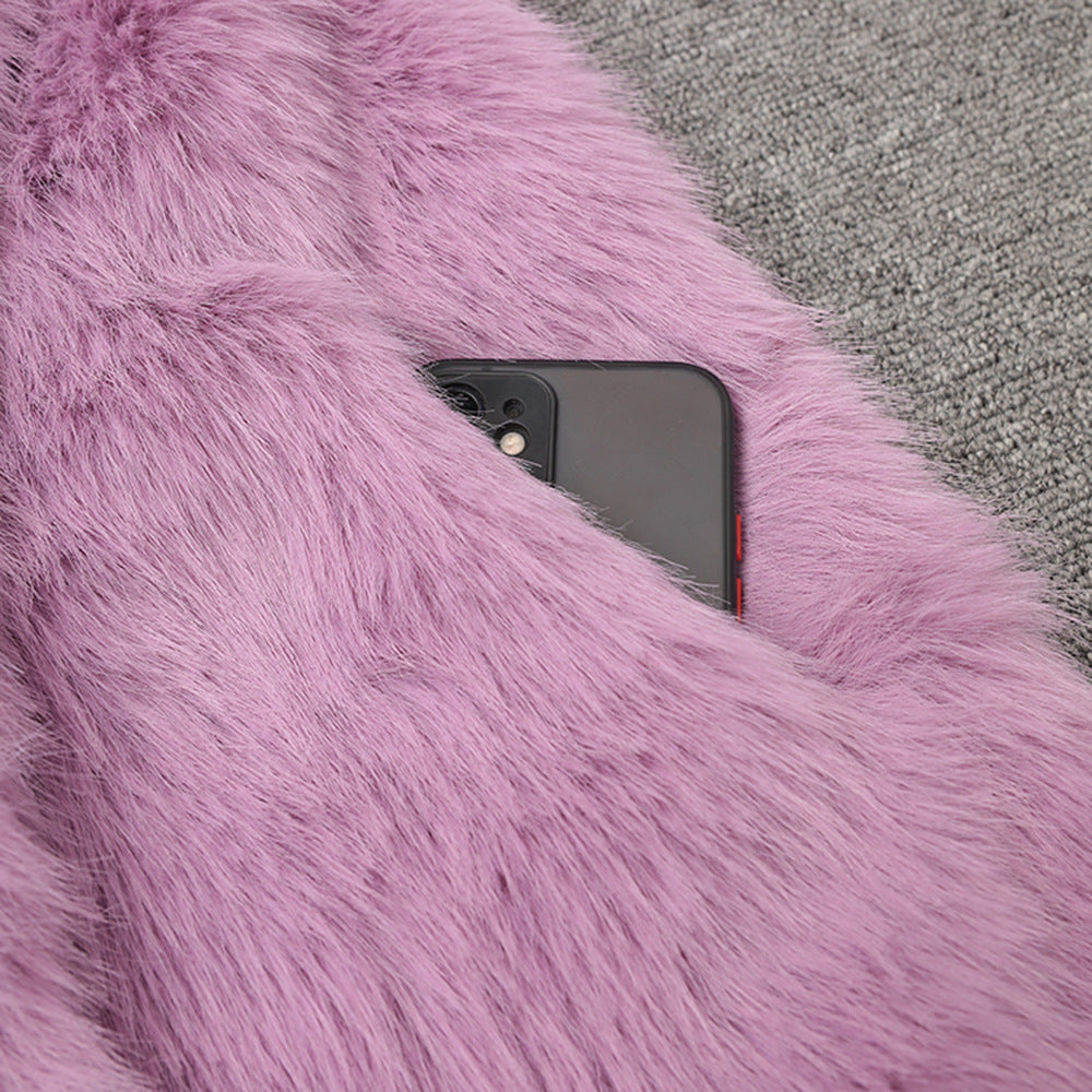 Women Winter Turndown Collar Fake Furry Coat 11