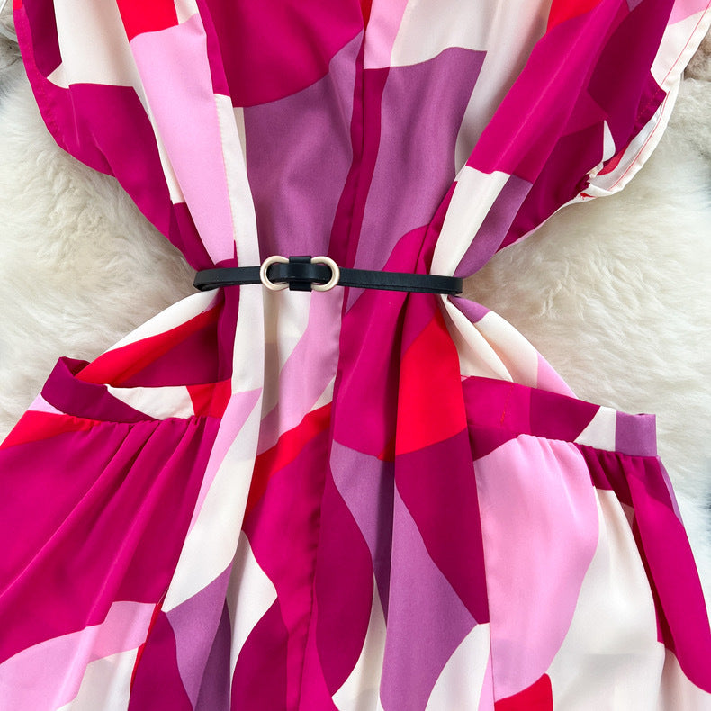 Women Vintage V-Neck Print Summer French Lace-Up Maxi Shirt Dress 17