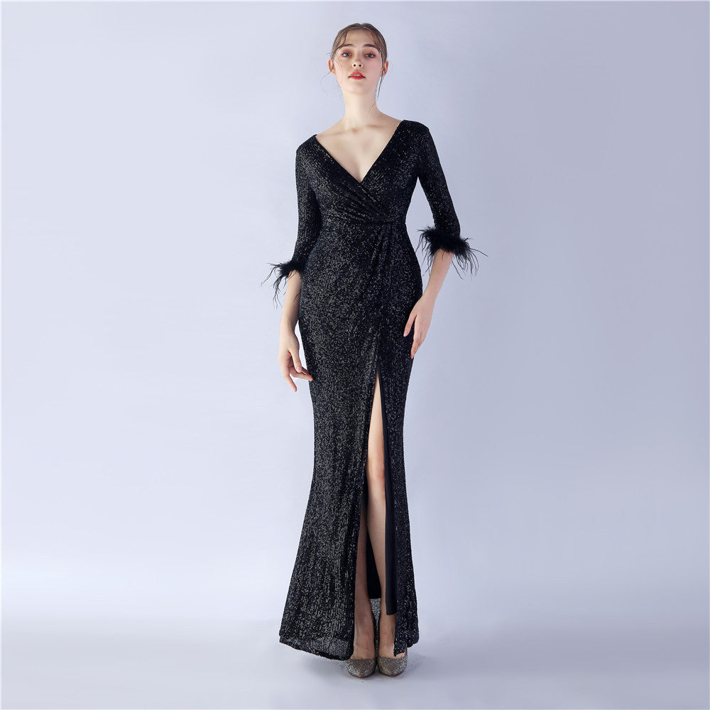 Sexy Feather Sequined Long-Sleeved Evening Dress 4