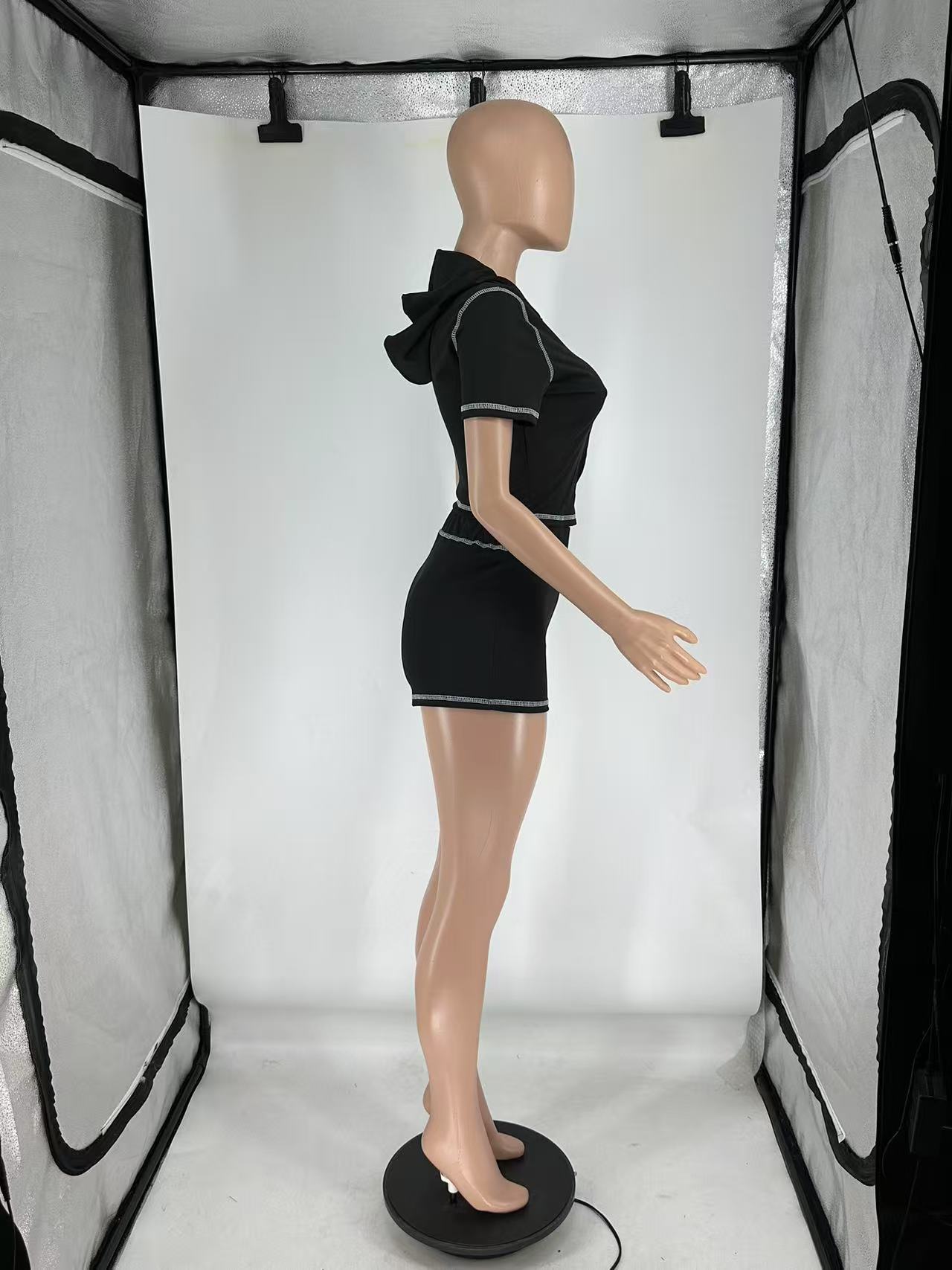 Summer Zipper Hooded High Stretch Sports Casual Short Sleeve Two Piece Shorts Set 13