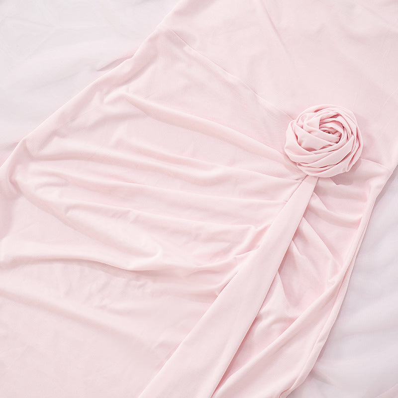 Women Strapless Flower Ribbon Slit Dress Tailed Maxi Dress 15