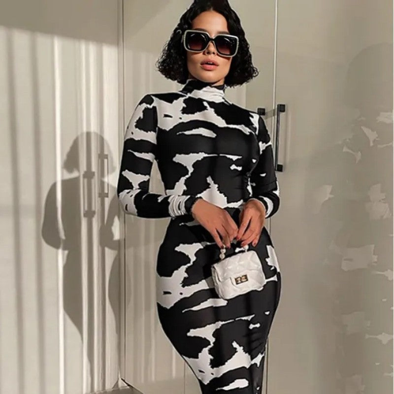 Women's Spring Autumn Fashion Print High Neck Long Sleeves Slim Fit Dress 7