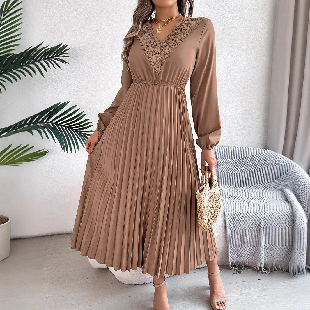 Women Spring and Summer Elegant V-neck Lace Pleated Dress