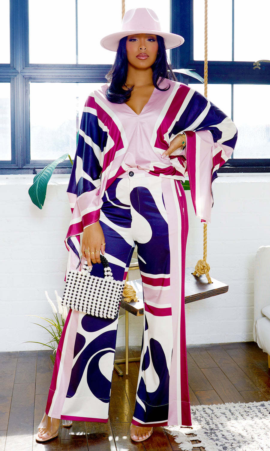 Plus Size Fashion v-Neck Wide Split Long Sleeve Top Bell Bottom Pants Set