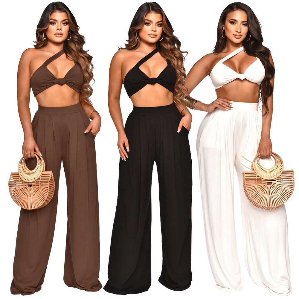 Women Summer Slash Shoulder Sleeveless Top + Solid Color Wide Leg Pants Two-Piece Set