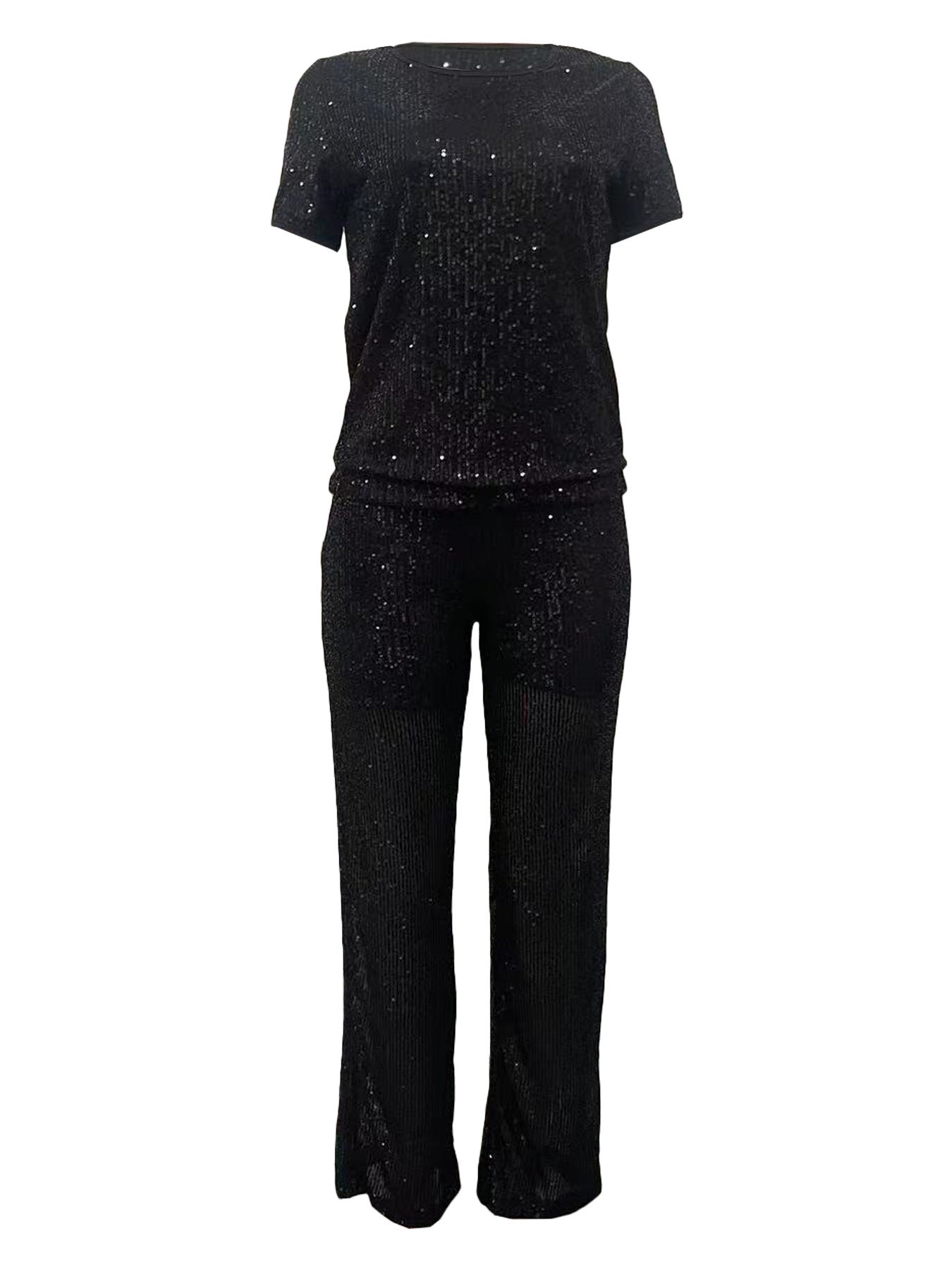 Women Summer Sequin Solid Short Sleeve Top and Pants Two-piece Set 4