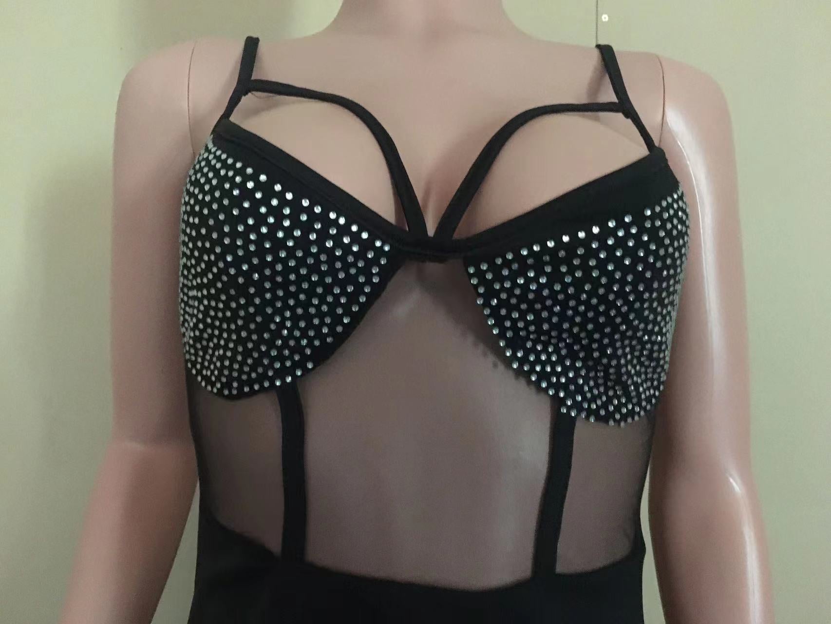 Women Summer Patchwork Mesh Beaded Slit Long Dress 18