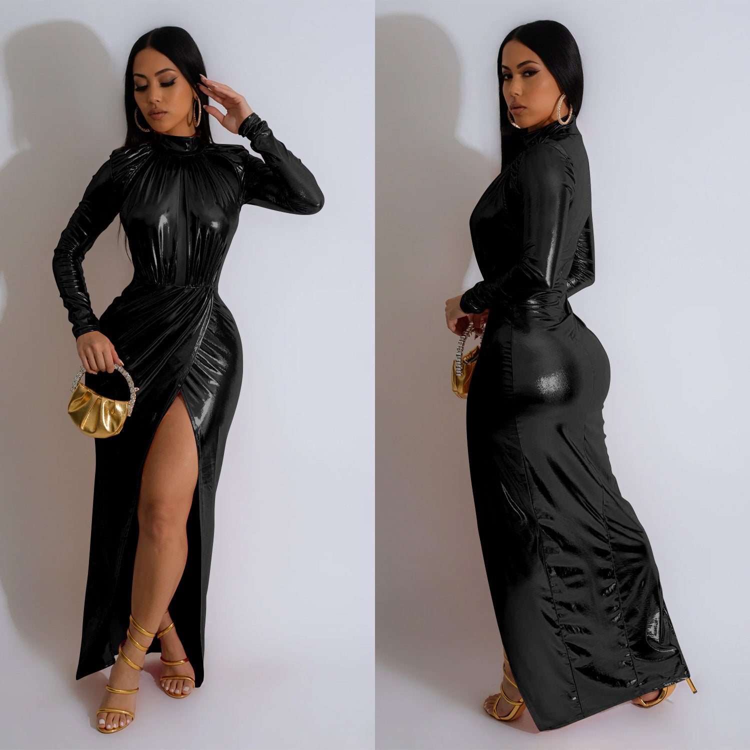 Women Solid Shiny Long Sleeve Pleated Maxi Dress 6