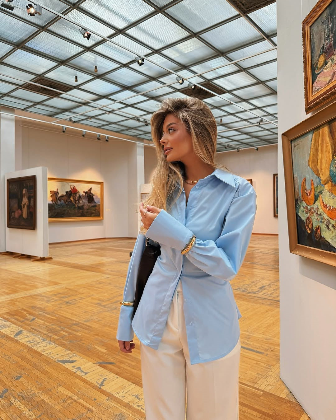 Women Summer Turndown Collar Long Sleeve Shirt Top 3