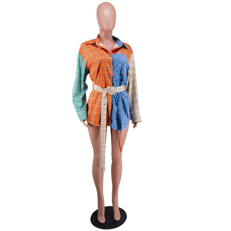 Women Fashion Printed Patchwork Long Sleeve Shirt (Including Belt) 15