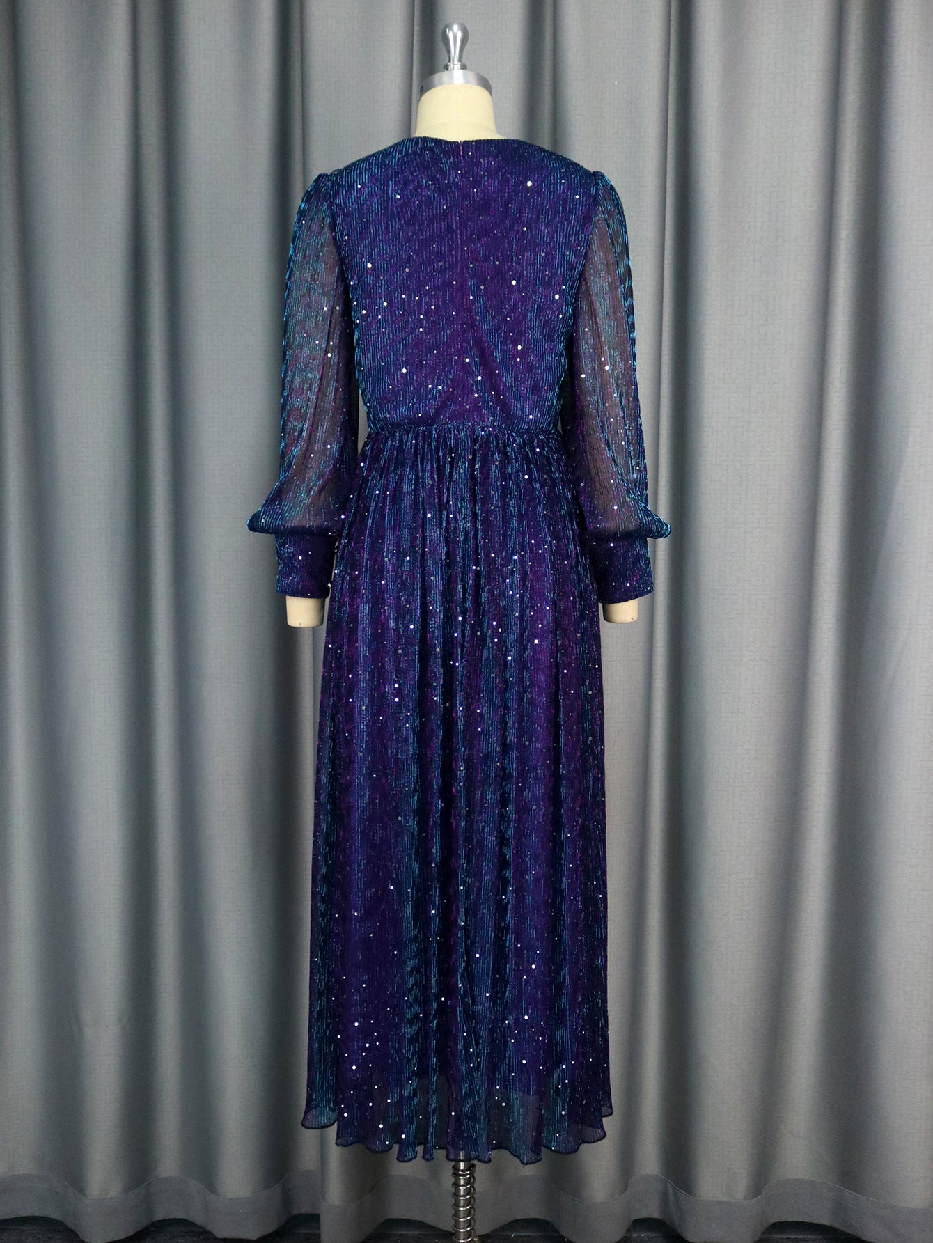 Sexy V-Neck Sequin Long-Sleeve Dress Purple Elegant Formal A-Line Gown 5