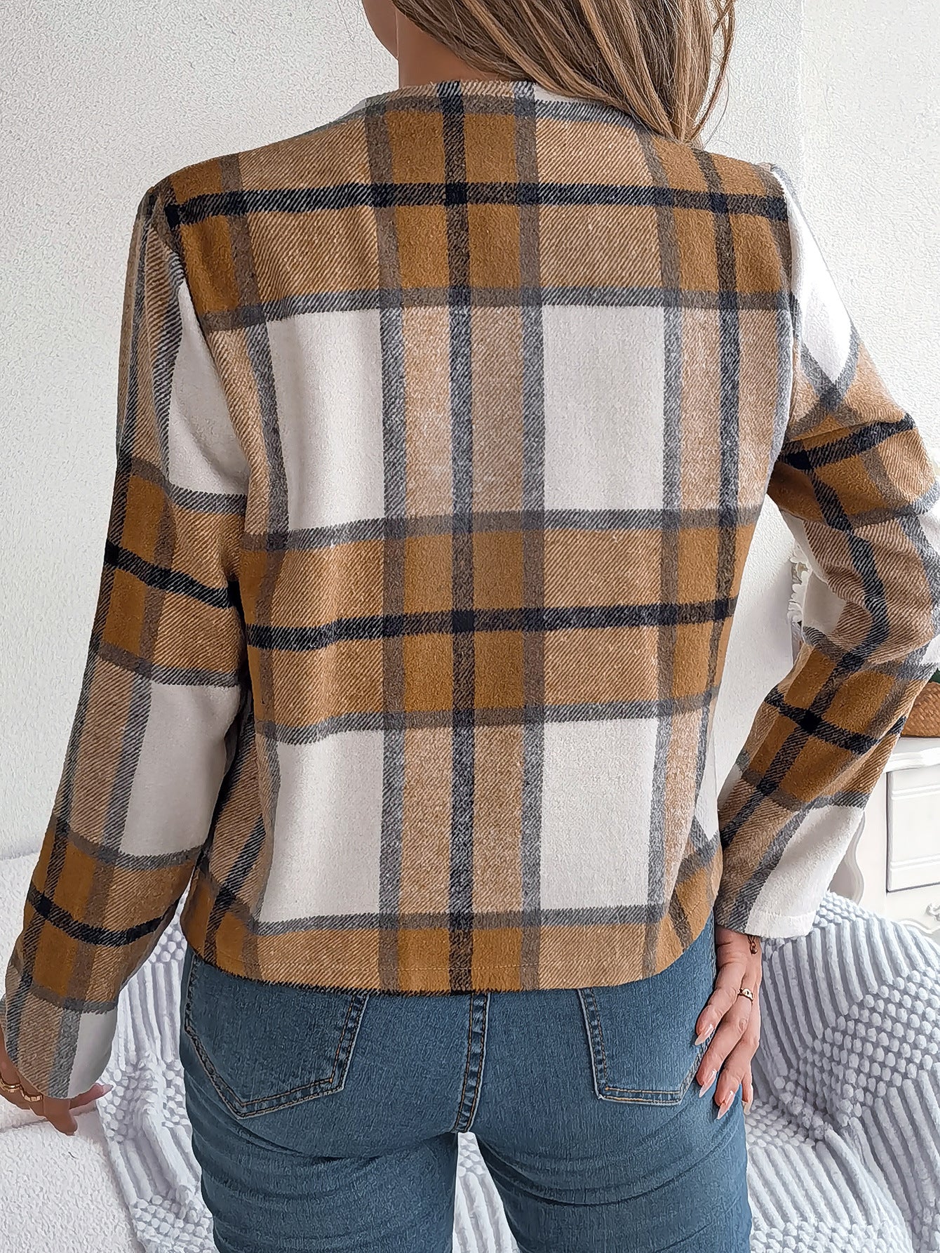 Autumn Winter Casual Plaid Long Sleeve Women Tweed Coat 18