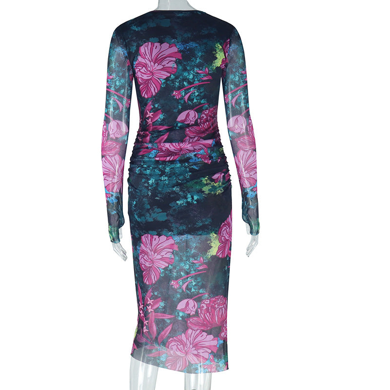 Women Elegant Printed Bodycon Round Neck Long Sleeve Dress 6