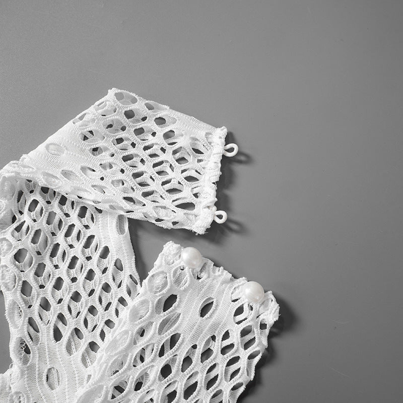 Women Summer Solid Sexy Round Neck Mesh Sleeveless See-Through Lace-Up Dress 13